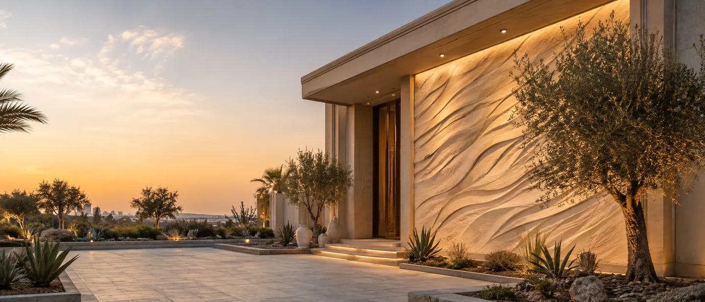 Hand carved sandstone feature wall at a luxury villa entrance, Dubai - JJM Stone Art